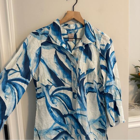 Chico’s Blue White Linen Printed Tunic Top Small - Picture 8 of 11